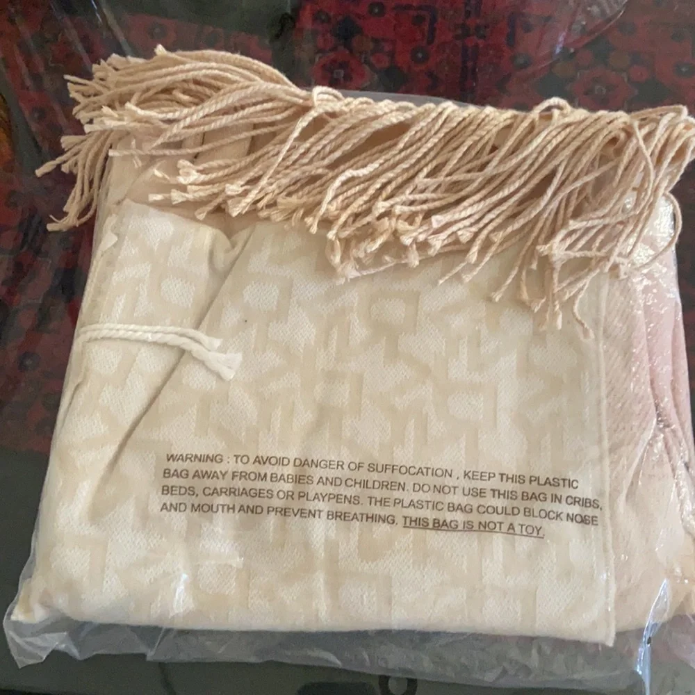 DKNY Double panel Woven Logo Wrap Scarf – Beige/Cream – Oversized 12” x 74”